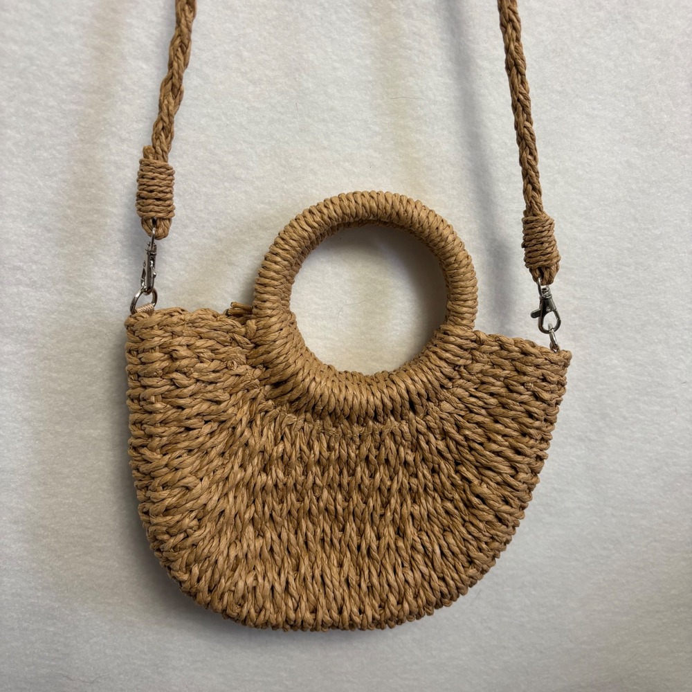 Woven Straw Crescent Crossbody Bag Tan Boho Circle Handle Handbag